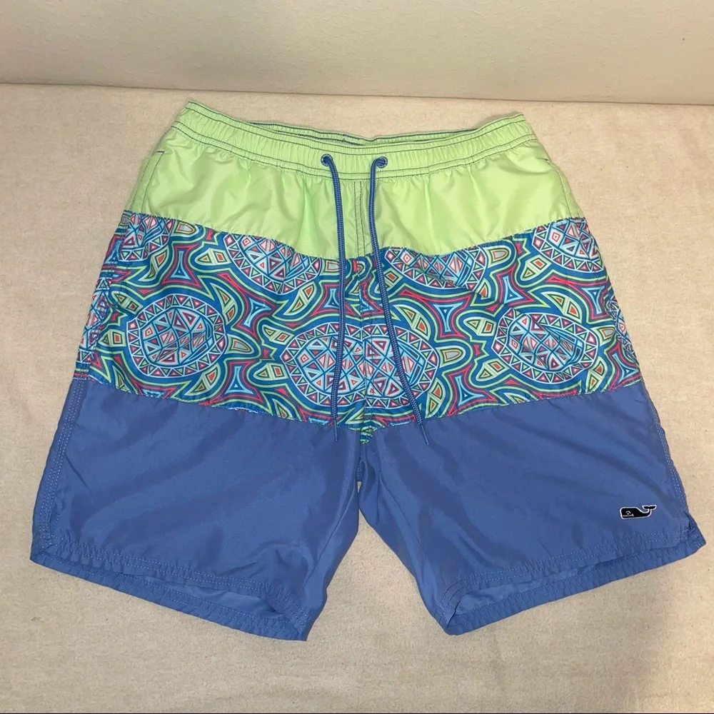 Vineyard Vines Mens Green and Blue 7 inches Printed Swim Trunk Size S